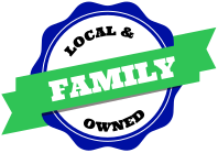 A blue and white circle with a green ribbon that says `` local & family owned ''.