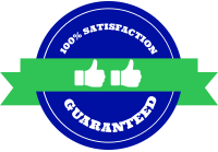 A blue and green sticker that says 100 % satisfaction guaranteed