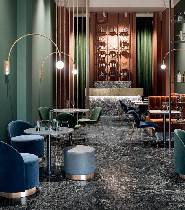 arredo contract con pavimento nero in ceramica effetto marmo