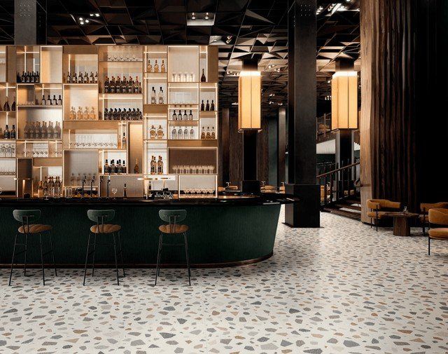 bar con arredi sofisticati e pavimentazione in ceramica