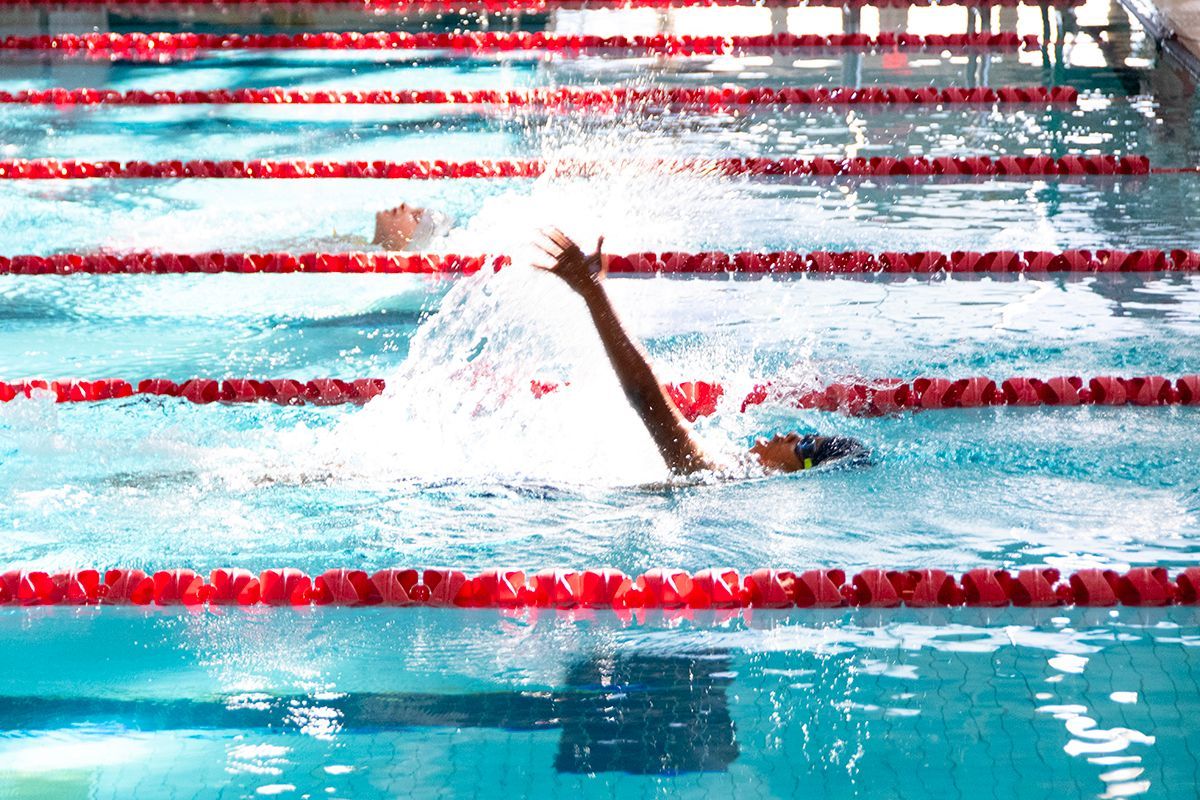 A person is swimming in a swimming pool with red lanes.