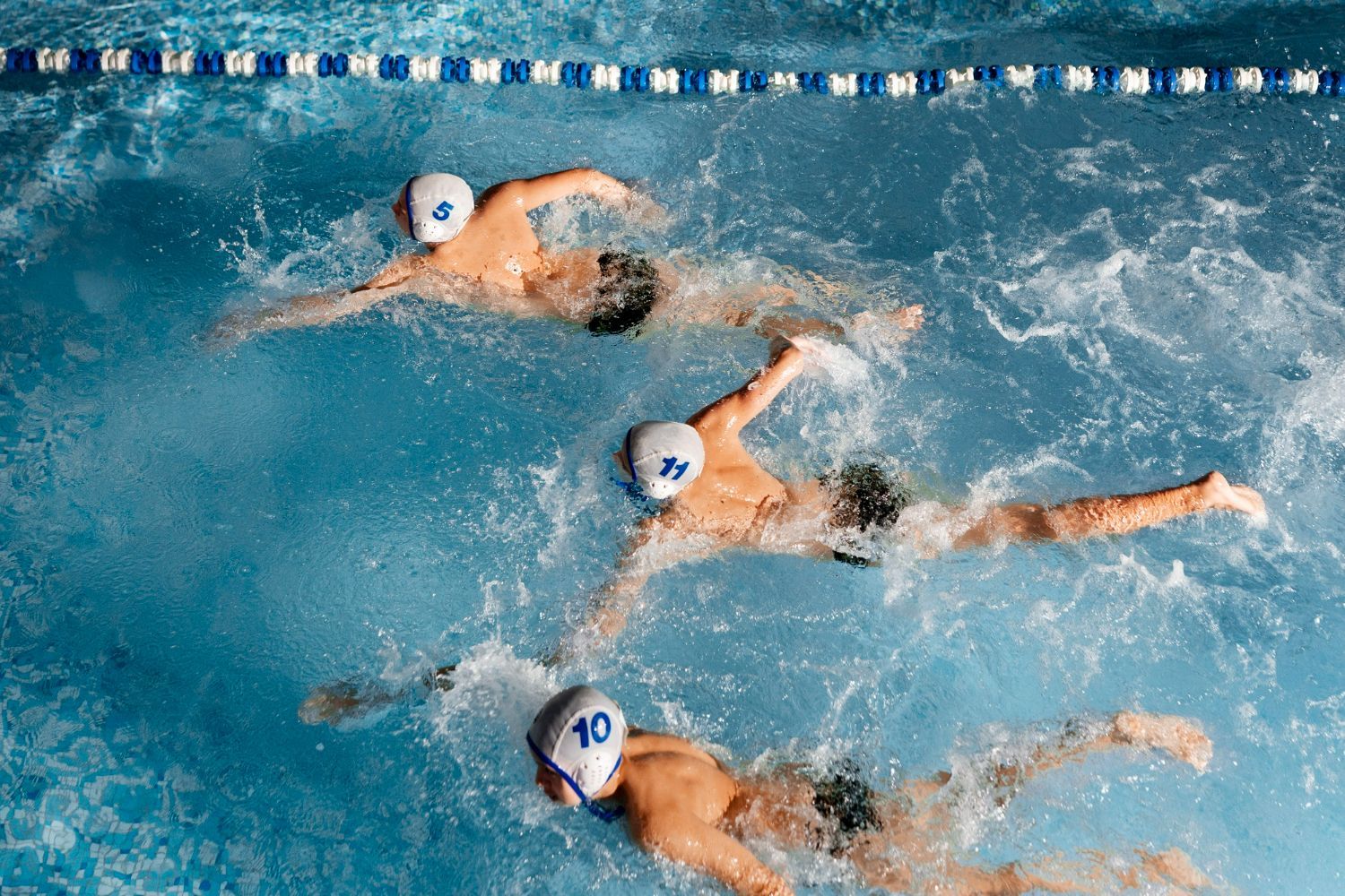 Three men are swimming in a swimming pool.
