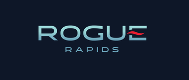 a logo for rogue rapids on a dark blue background
