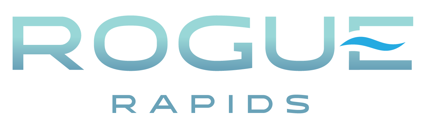 a blue and white logo for rogue rapids