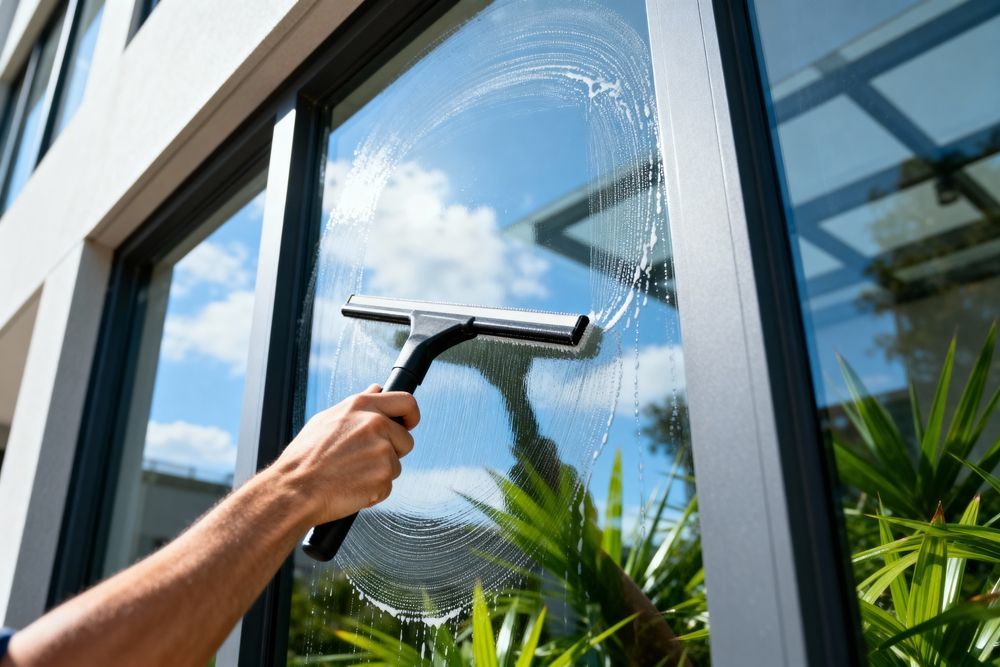 Hand Using a Squeegee to Clean a Window With Soapy Water — Awesome Window Tint In Forster, NSW