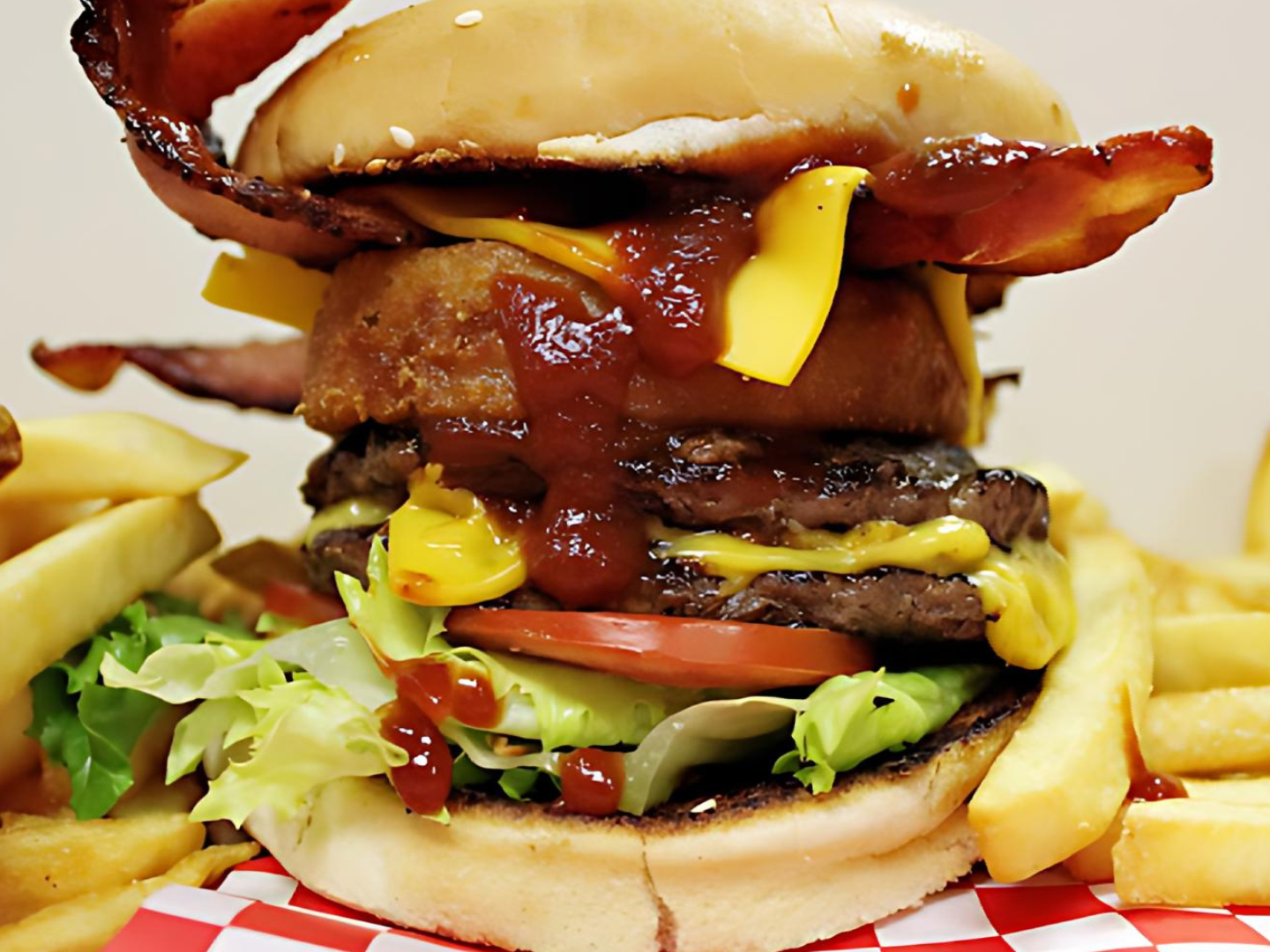 A hamburger and french fries on a checkered napkin