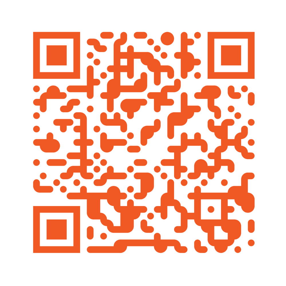 An orange and black qr code on a black background.