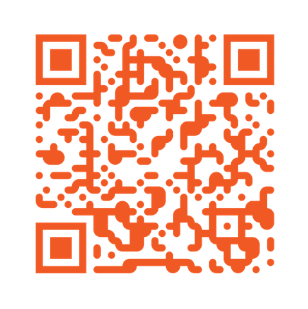An orange and black qr code on a black background.