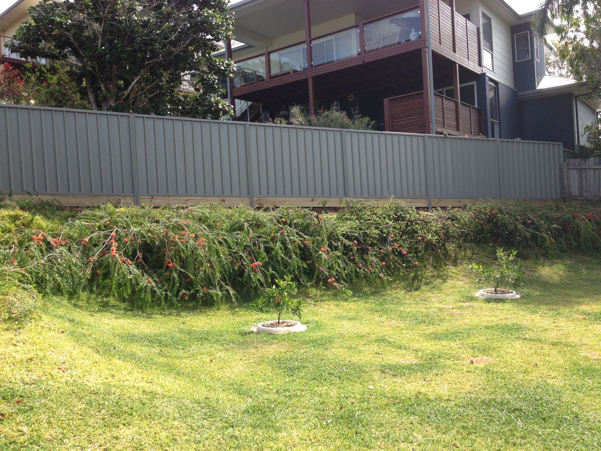 Green Lawn With Two Small Trees, a Gray Fence, and a Two-story House With a Balcony — Fencer Steve In Hat Head, NSW