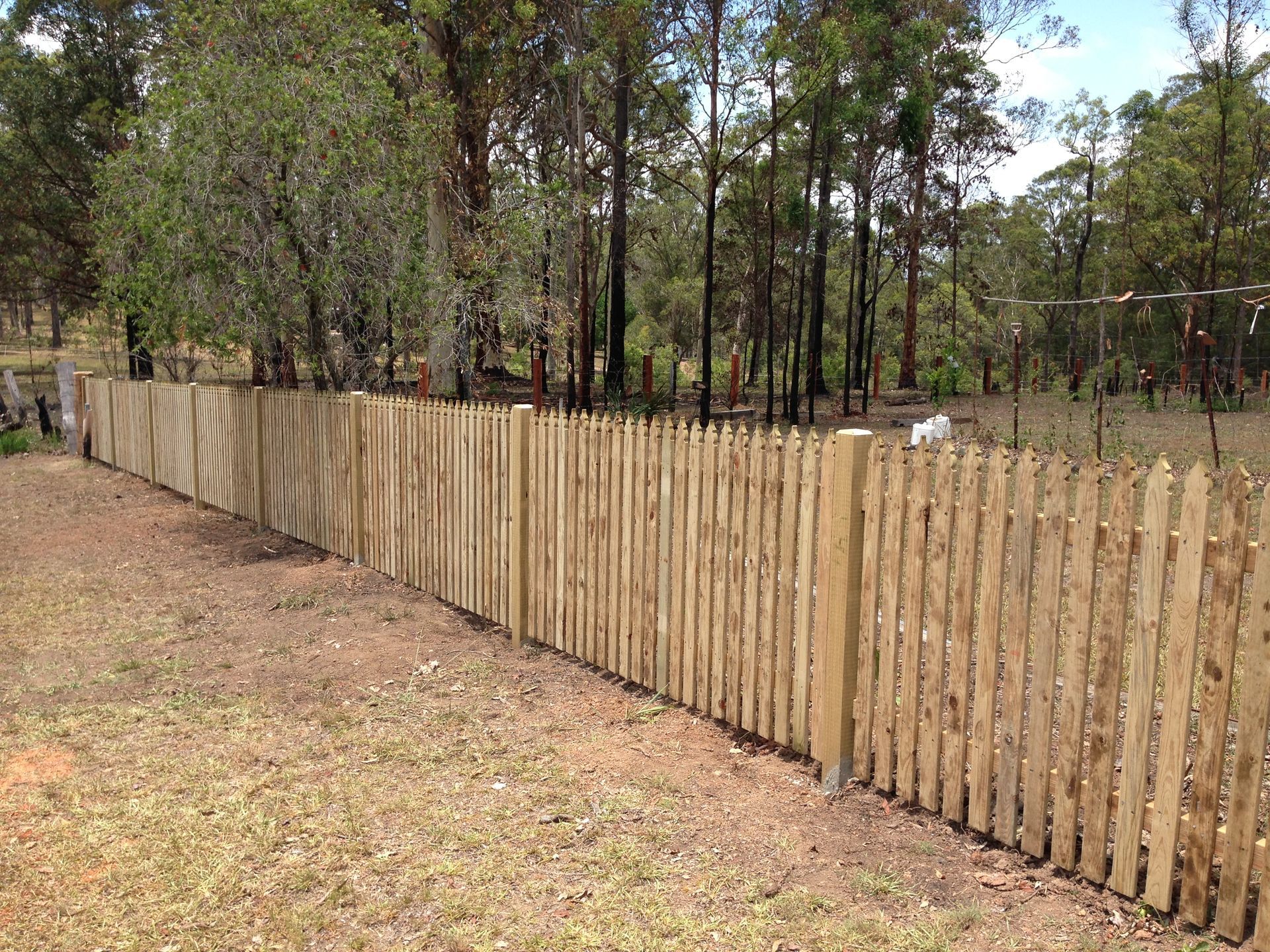 Wooden Picket Fence in a Grassy Yard, With Trees in the Background Under a Blue Sky — Fencer Steve In South West Rocks, NSW