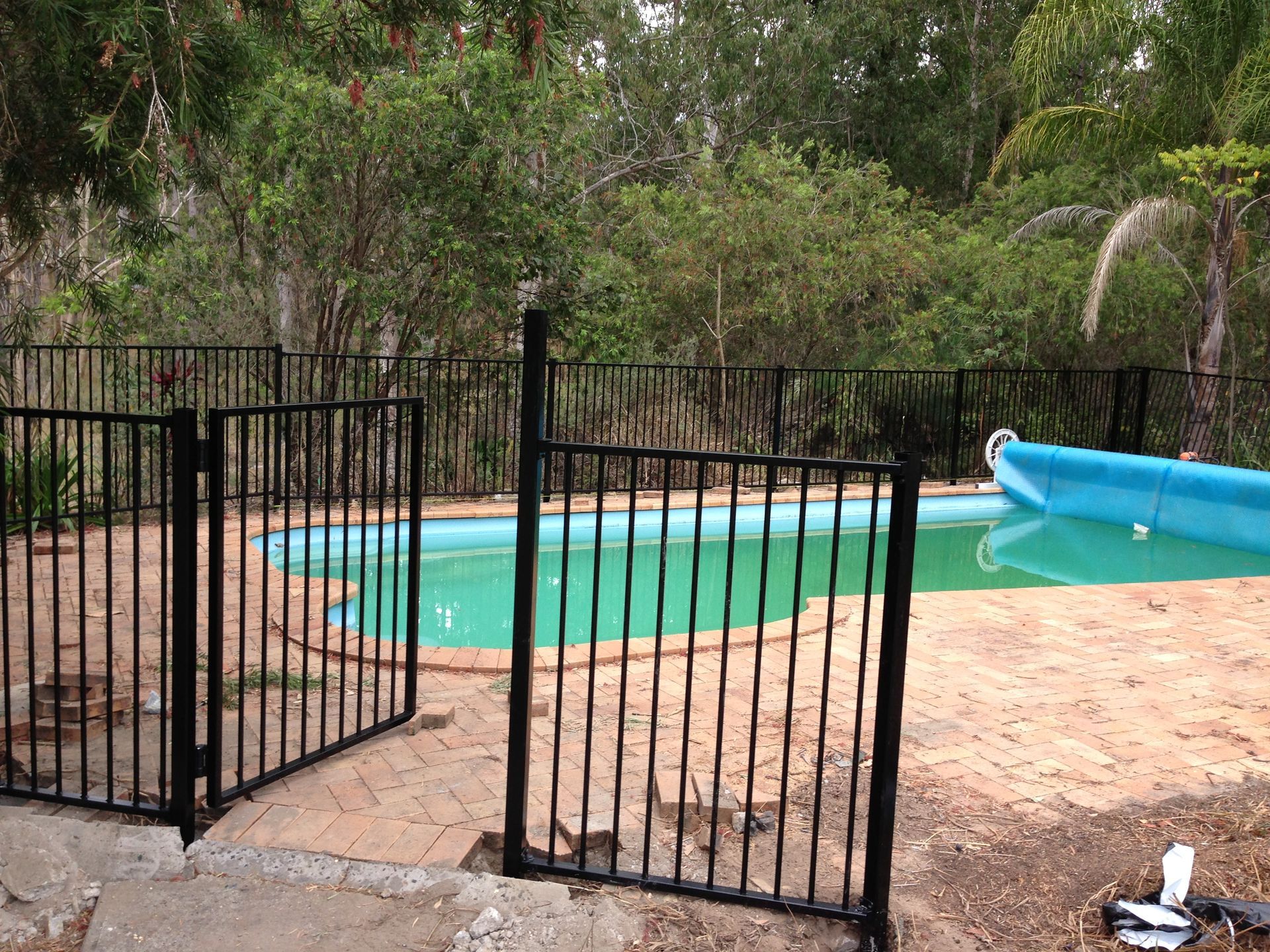 Black fenced pool with open gate, green water, surrounded by trees, and a sandy yard — Fencer Steve In Temagog, NSW