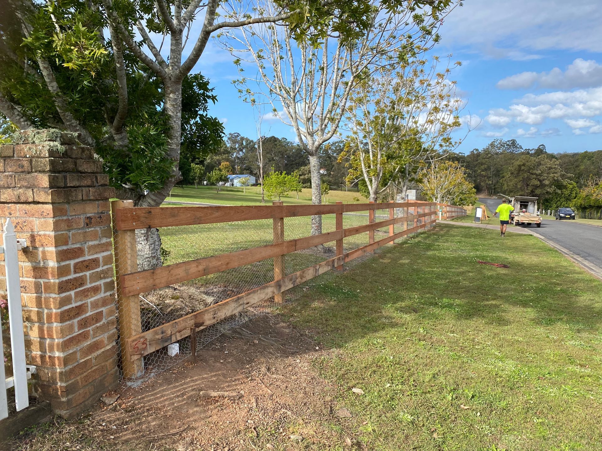 Wooden Fence Alongside a Road, Starting at a Brick Pillar — Fencer Steve In Temagog, NSW