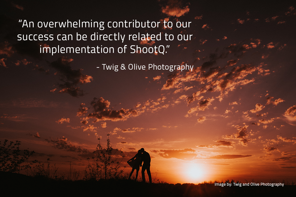 A couple standing in front of a sunset with a quote.