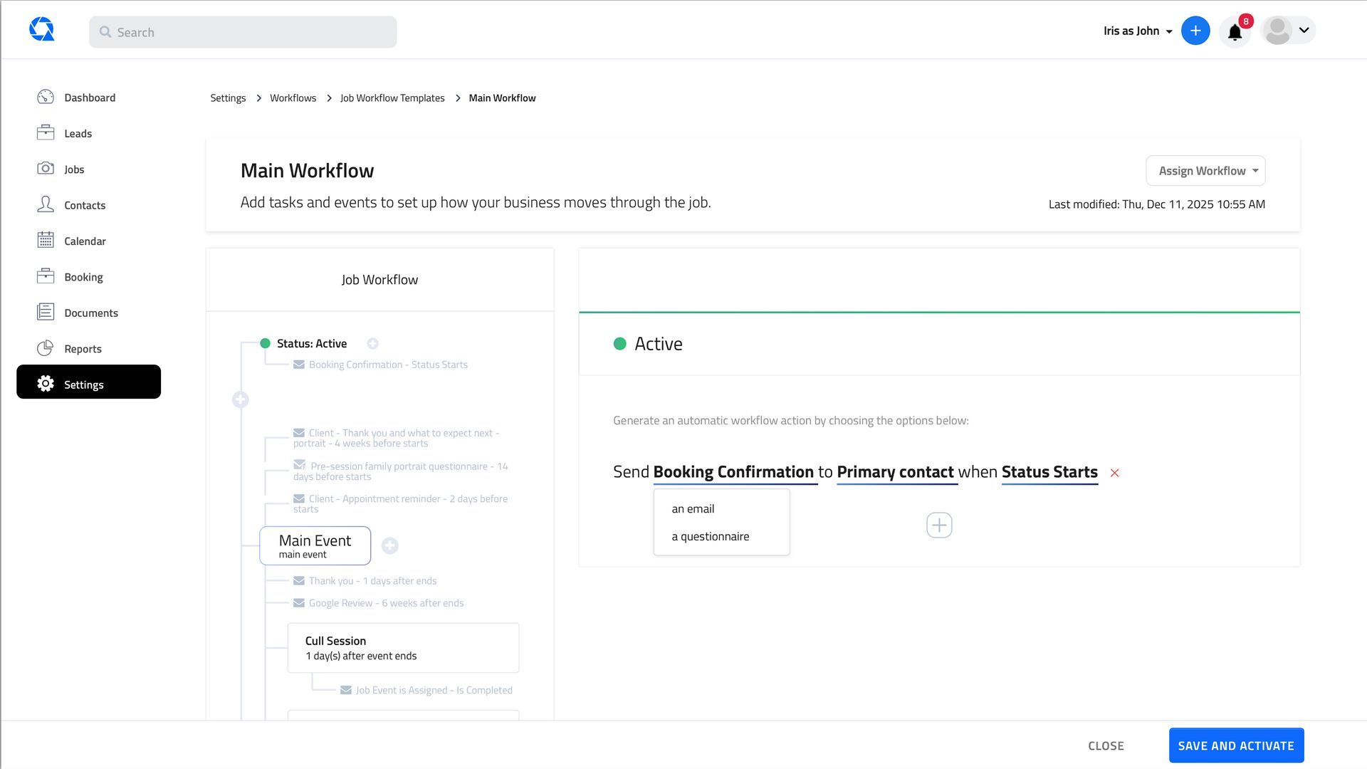 A screenshot of a wedding worksheet that says send wedding worksheet to primary contact when 5 weeks before starts.