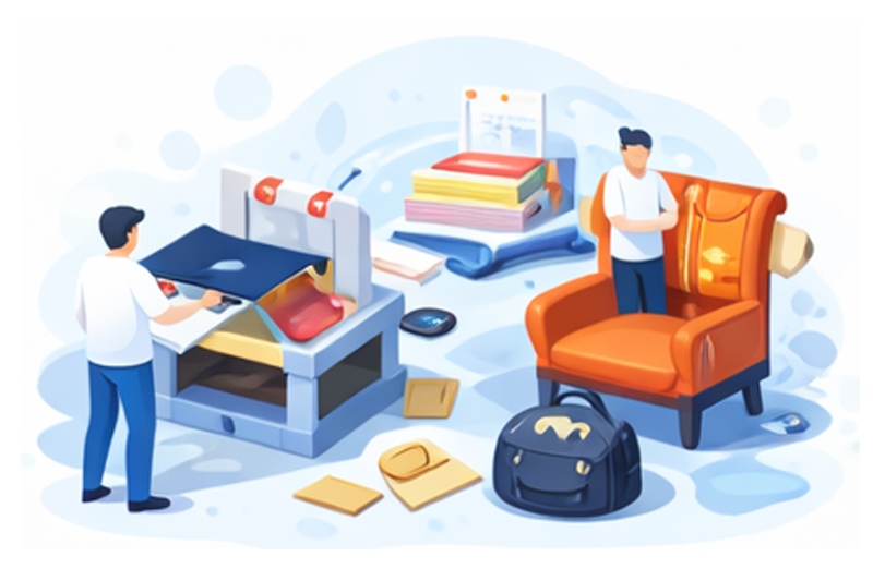 Illustrazione di figure che lavorano con quaderni impilati, un documento, una lente d'ingrandimento e timbri di firma formali.