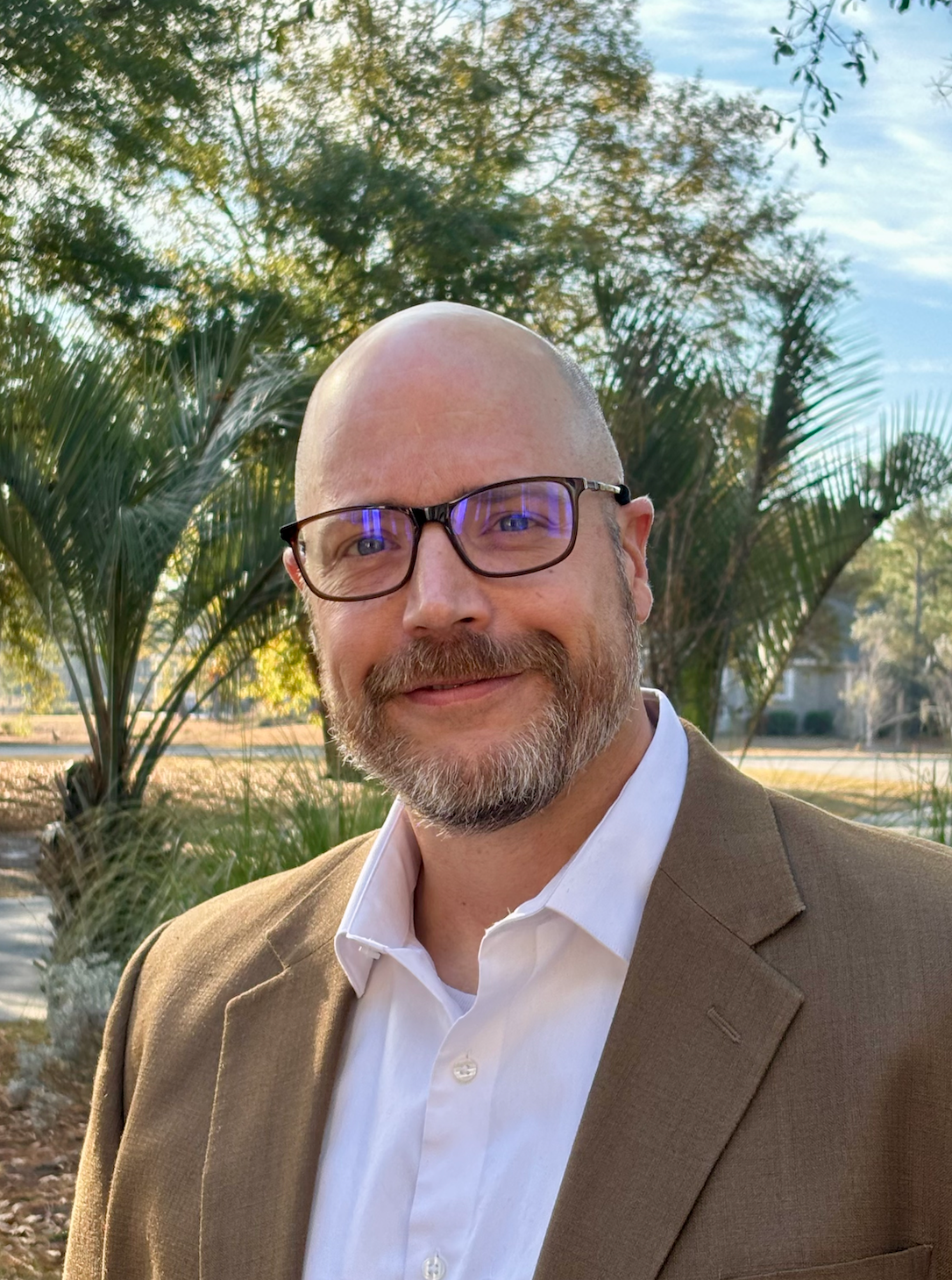 A snowy mountain is visible through the trees in the foreground.