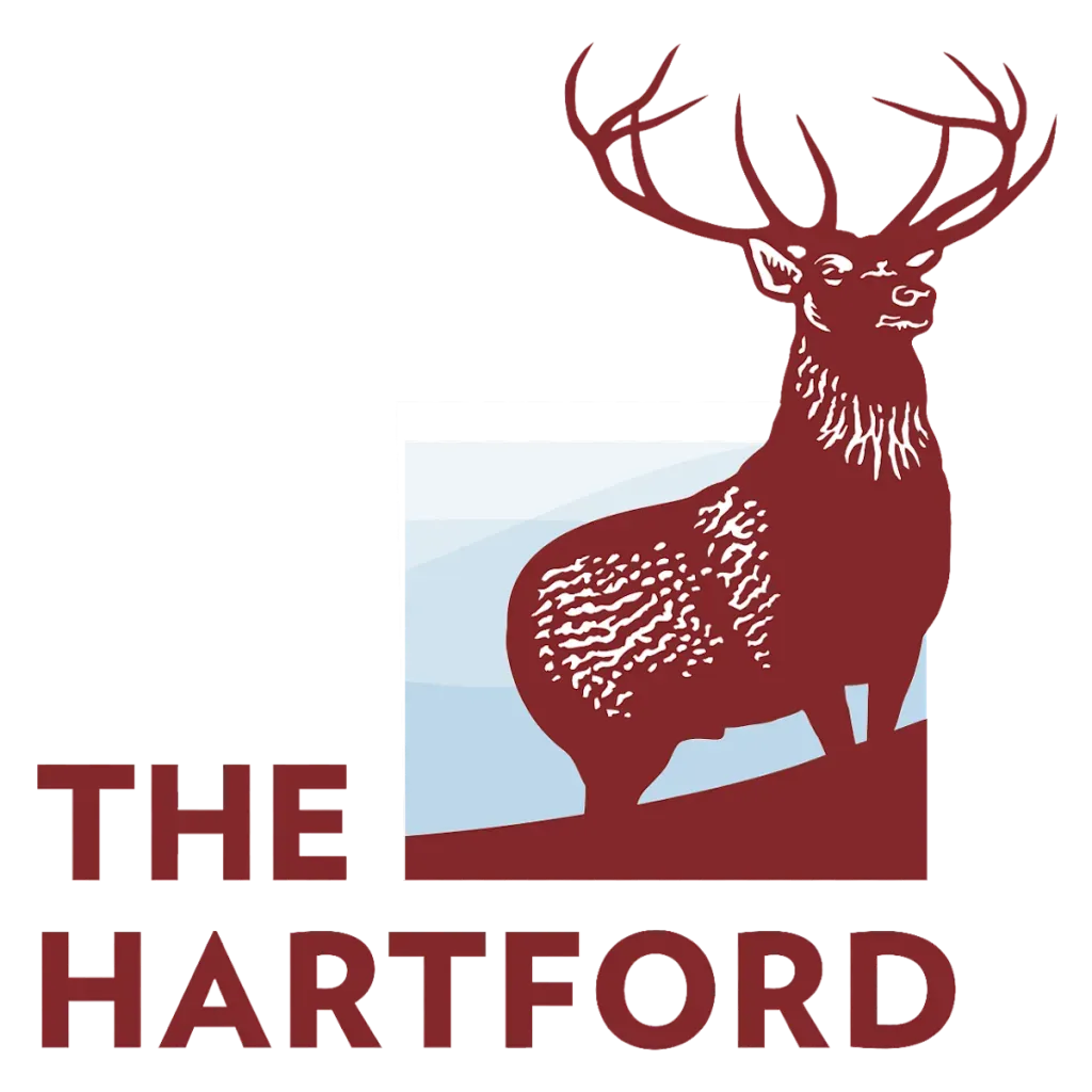 The Hartford logo: Stag with large antlers in maroon; text 