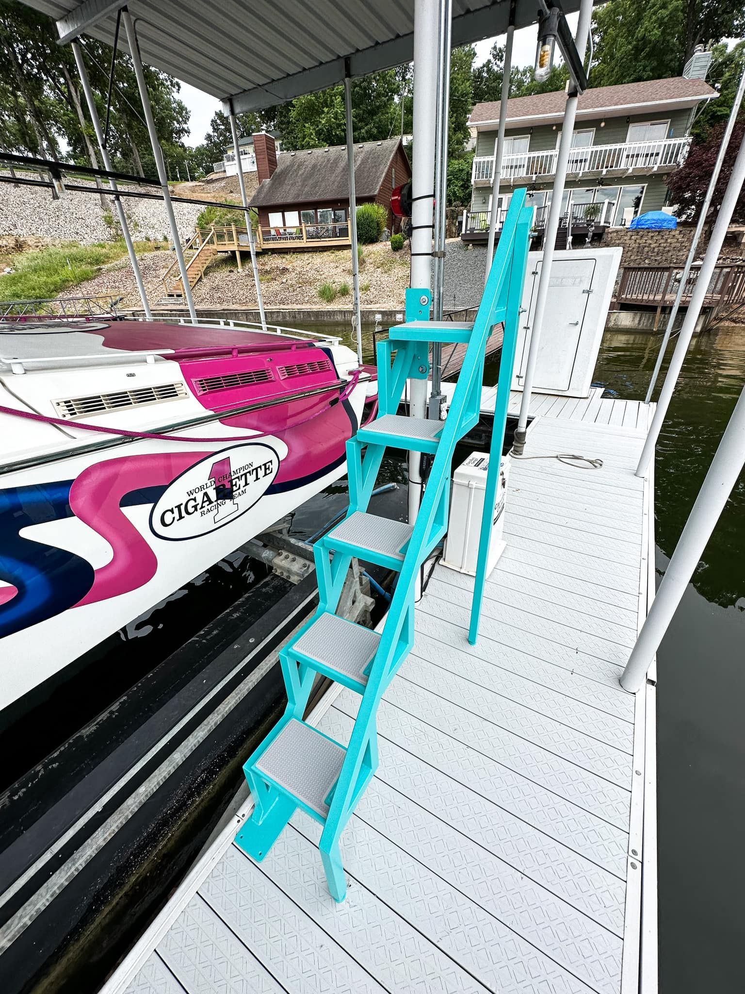 A Blue Step-Ladder for a Mid-Missouri Dock. For Custom Fabrication, Welding & More, Reach Out!