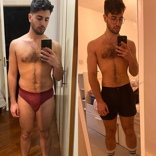 Before and after fitness results of a client following Yonatan Tyk personalized workout and nutrition plan.