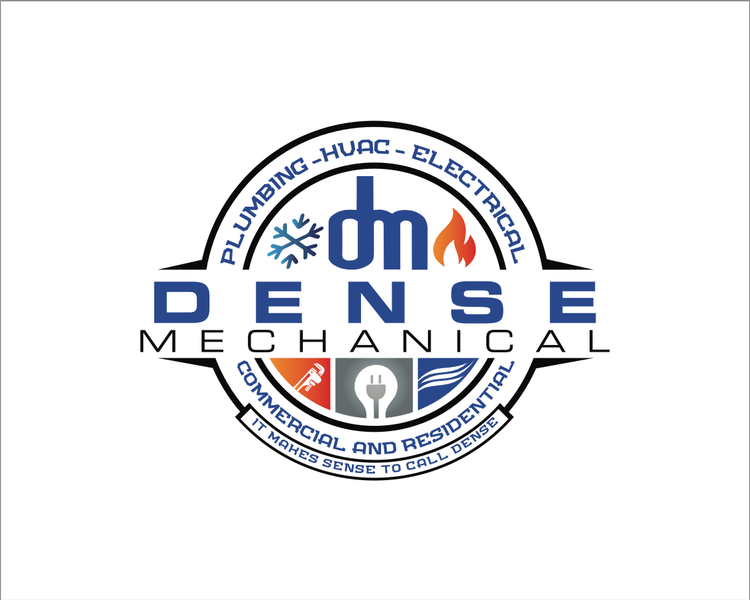 Logo for Dense Mechanical. Blue and white with text indicating plumbing, HVAC, electrical, and services.