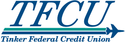 TFCU logo with blue letters, green and blue lines, and a small airplane; 
