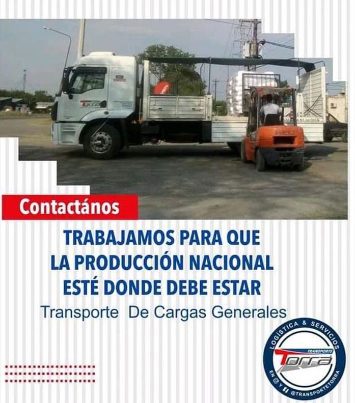 Carga de camión con carretilla elevadora; anuncio de servicios de transporte de carga general.