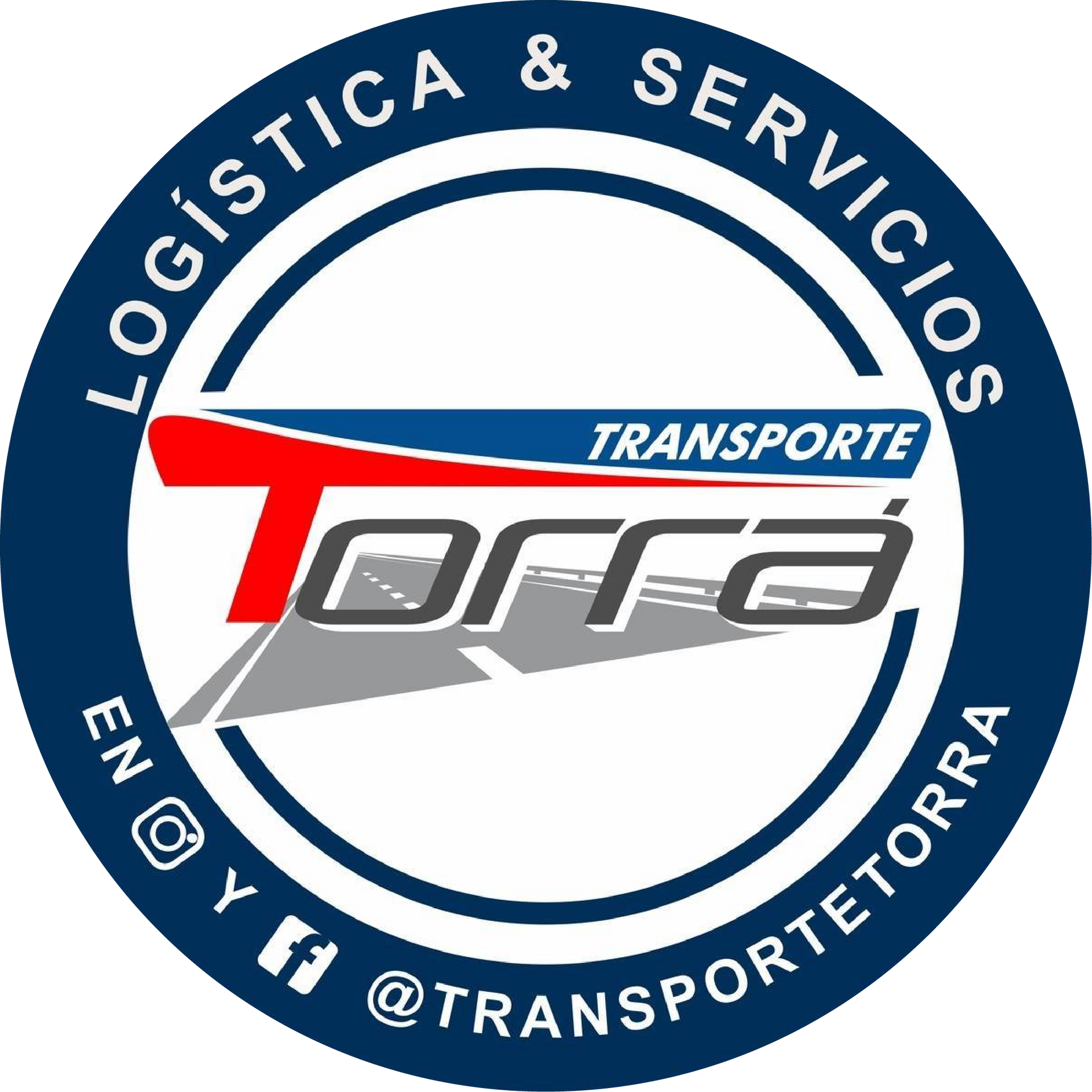 Logotipo para Transporte Torrá, logística y servicios. Círculo azul oscuro con texto blanco, logotipo estilizado en rojo, azul y gris. Redes sociales.
