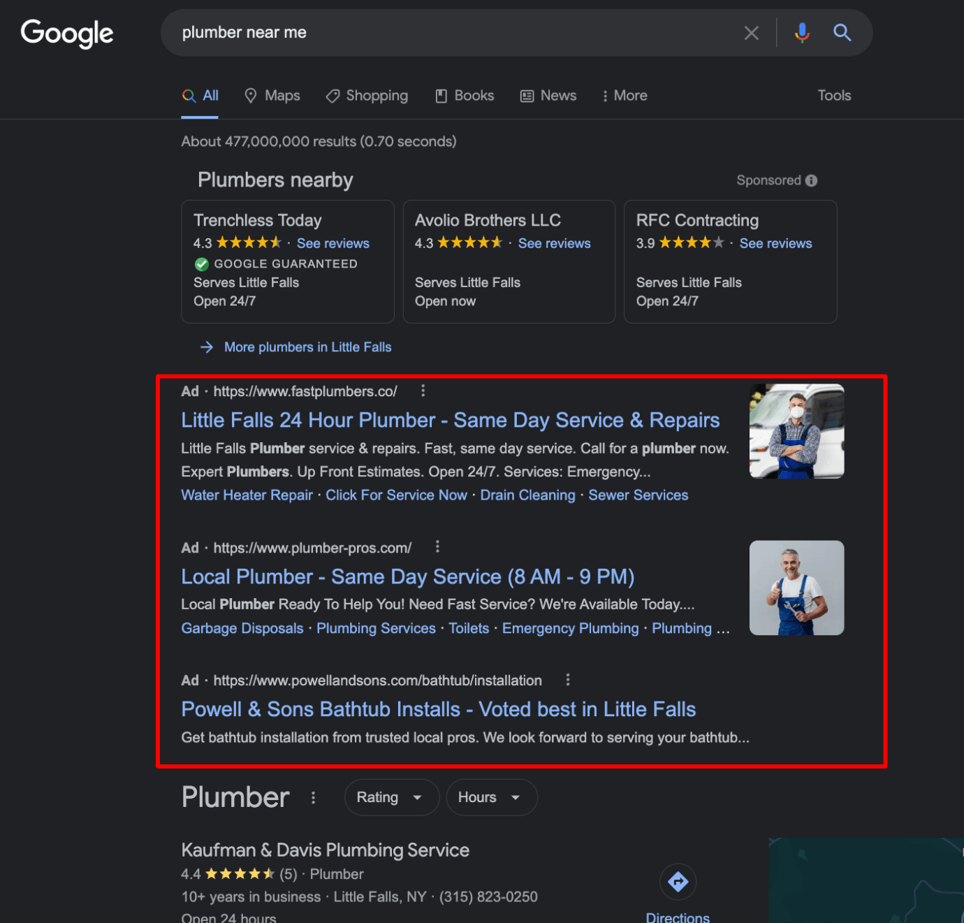 Search ad circled on a Google search results page