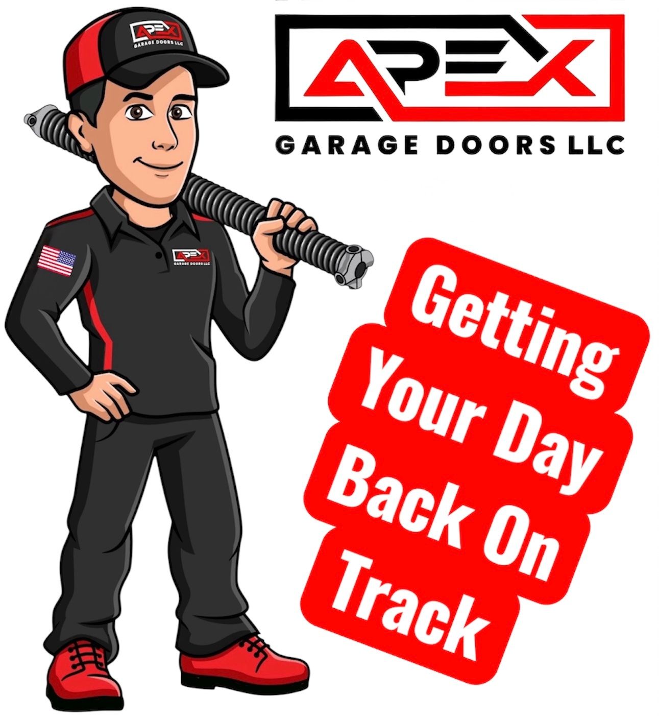 A cartoon of a man holding a hose for apex garage doors llc
