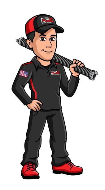 A cartoon of a man holding a hose over his shoulder.