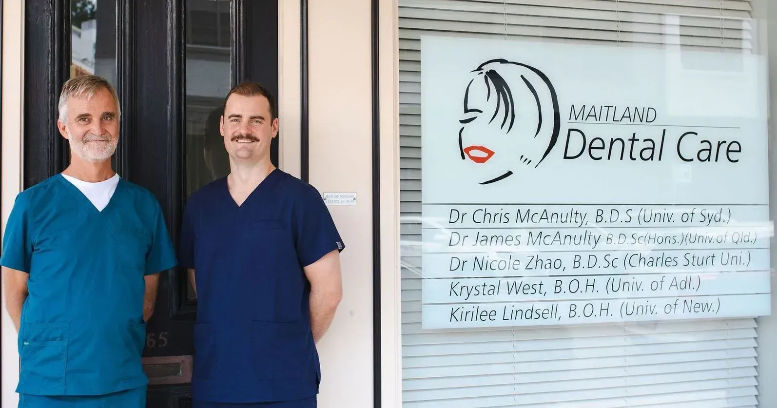 Two Men in Scrubs Stand Outside a Dental Office — Maitland Dental Care in Maitland, NSW