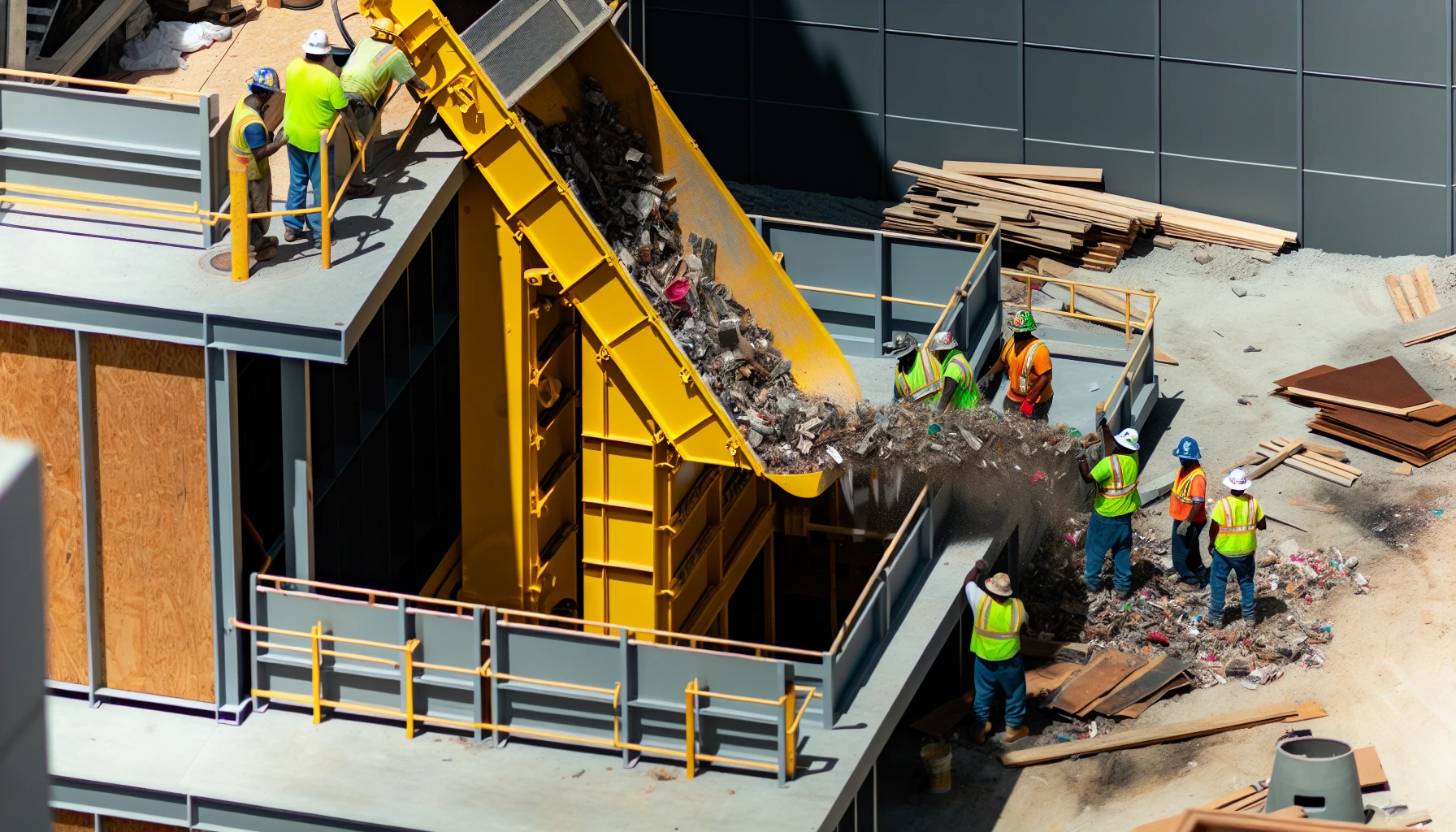 A construction site with debris sliding down a chute