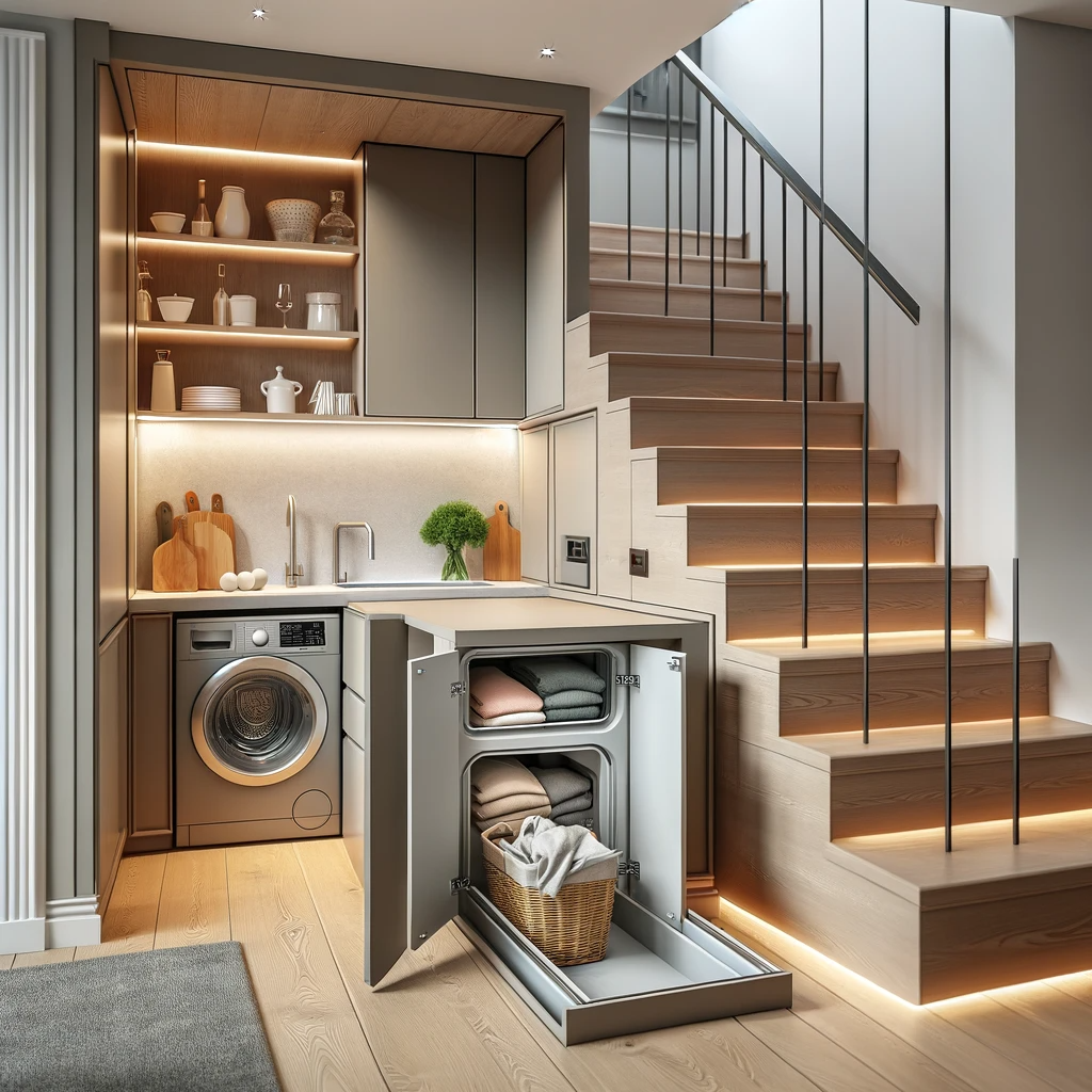 An elegant modern home interior showcasing a sleek integrated laundry chute design in a compact space 