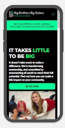 A phone screen shows a website for big brothers big sisters