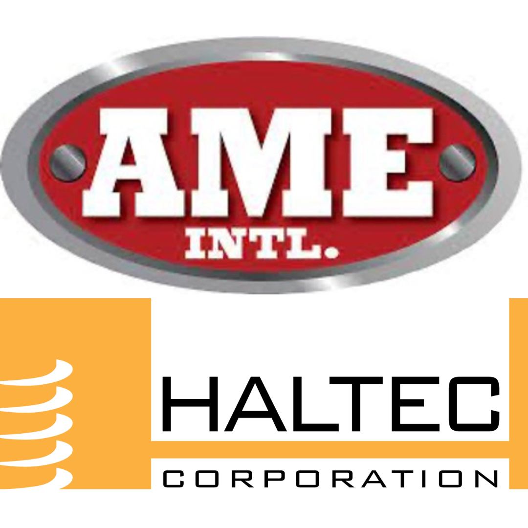 A red and silver logo for ame intl