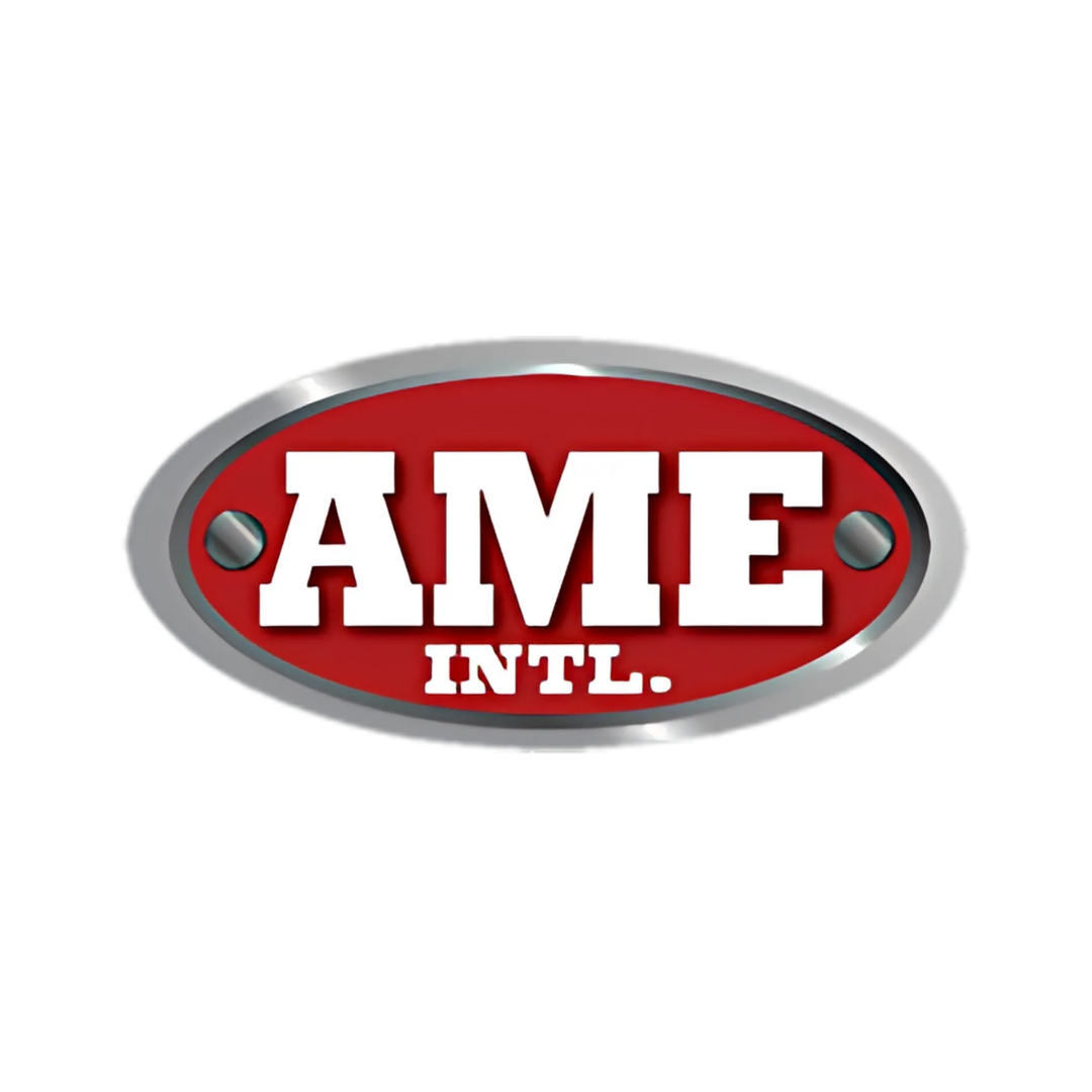 A red and silver logo for ame intl