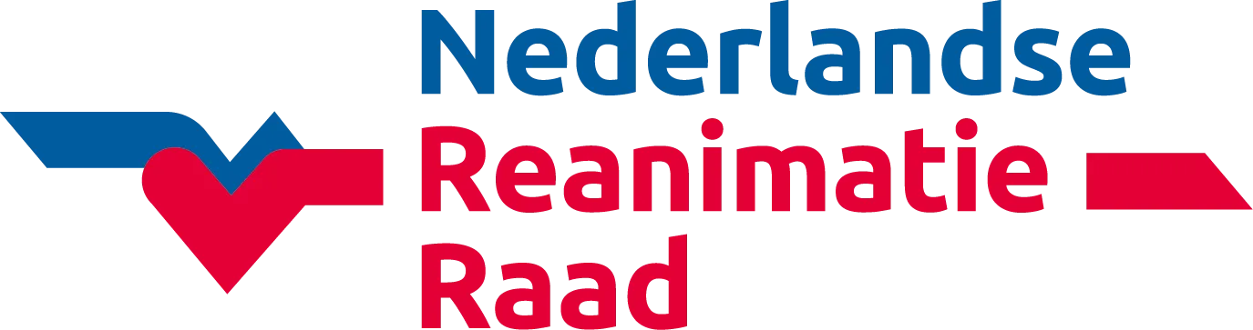 Logo van de Nederlandse Reanimatieraad. Blauw en rood embleem, tekst in donkerblauw en rood.