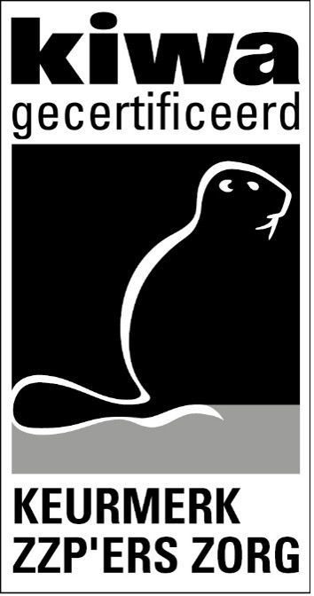Kiwa certified logo. Black beaver silhouette, gray background, text