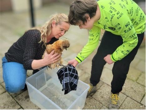 Een vrouw en een persoon met een limoengroen shirt bekijken een natte kip bij een plastic bak. Buiten.