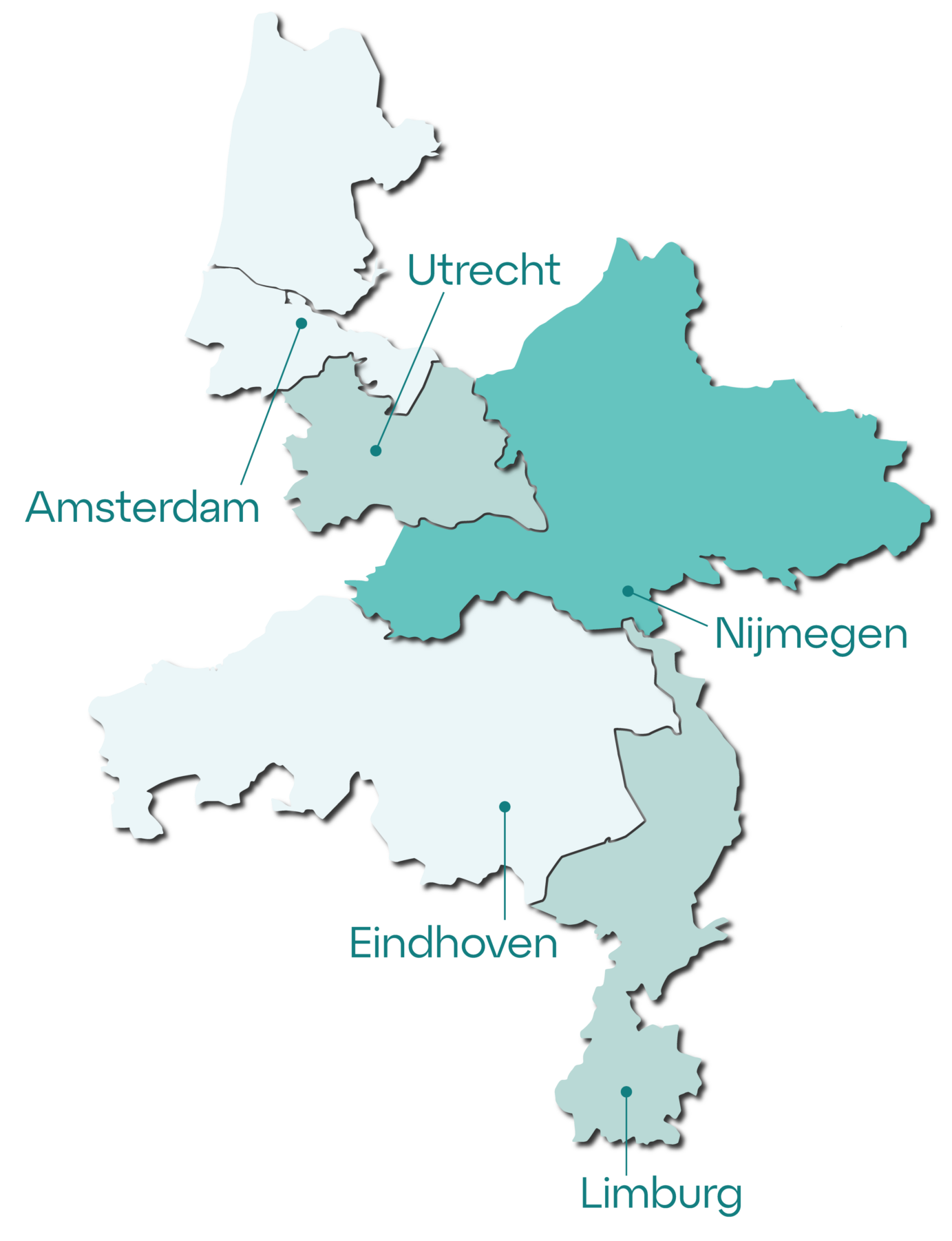Kaart van Nederland, met de volgende steden: Amsterdam, Utrecht, Nijmegen, Eindhoven en Limburg.