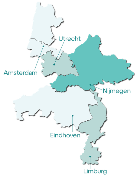 Kaart van Nederland, met de volgende steden: Amsterdam, Utrecht, Nijmegen, Eindhoven en Limburg.