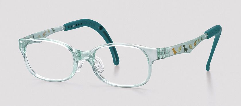A pair of children 's glasses with a clear frame and green arms on a white background.