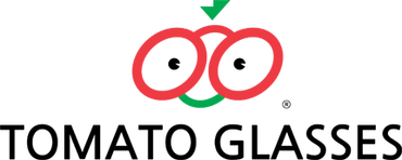 A logo for tomato glasses with two tomatoes and a green arrow.