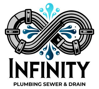 A logo for infinity plumbing sewer and drain