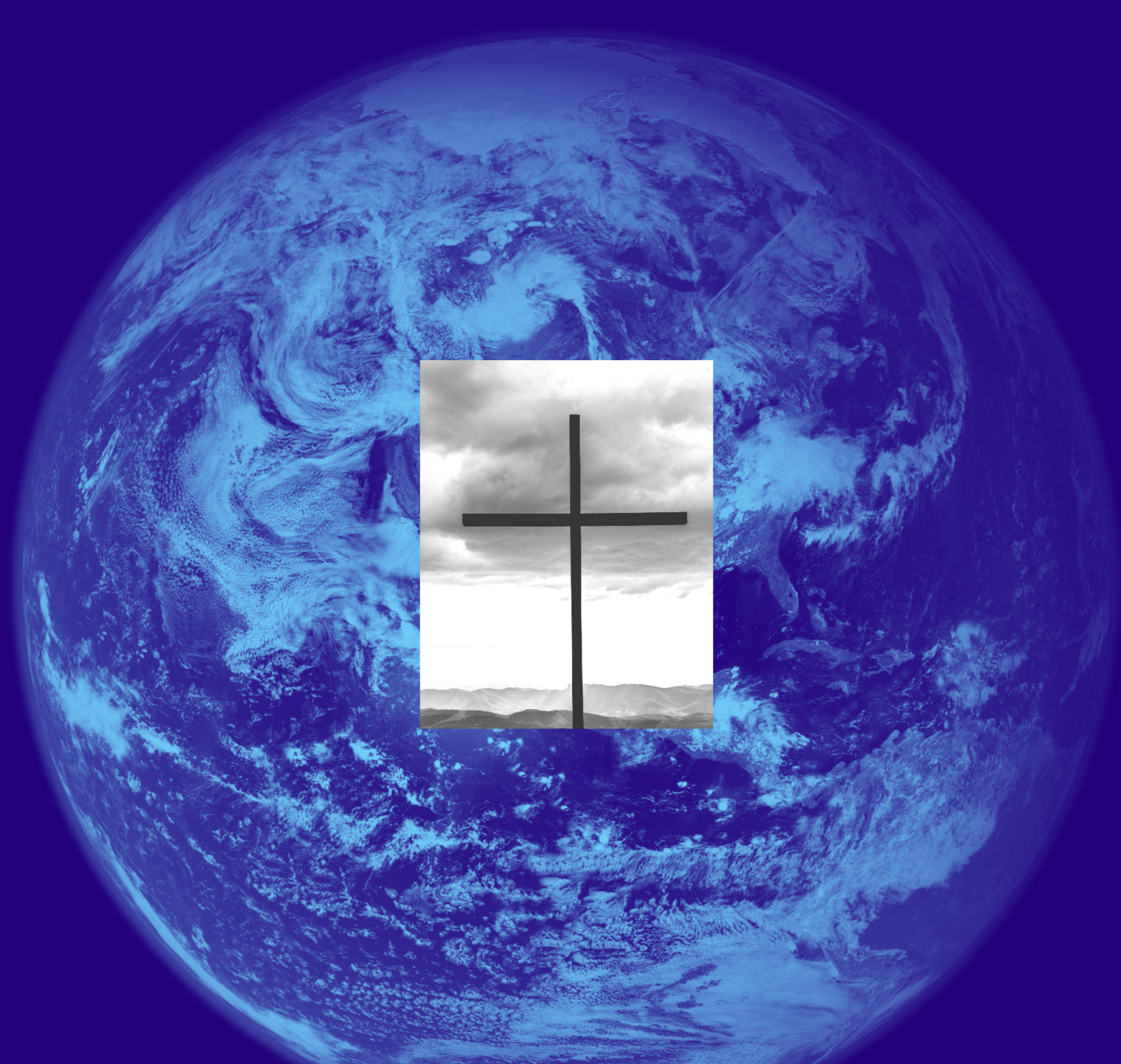 Earth with cross silhouette; symbol of faith against a cloudy sky.