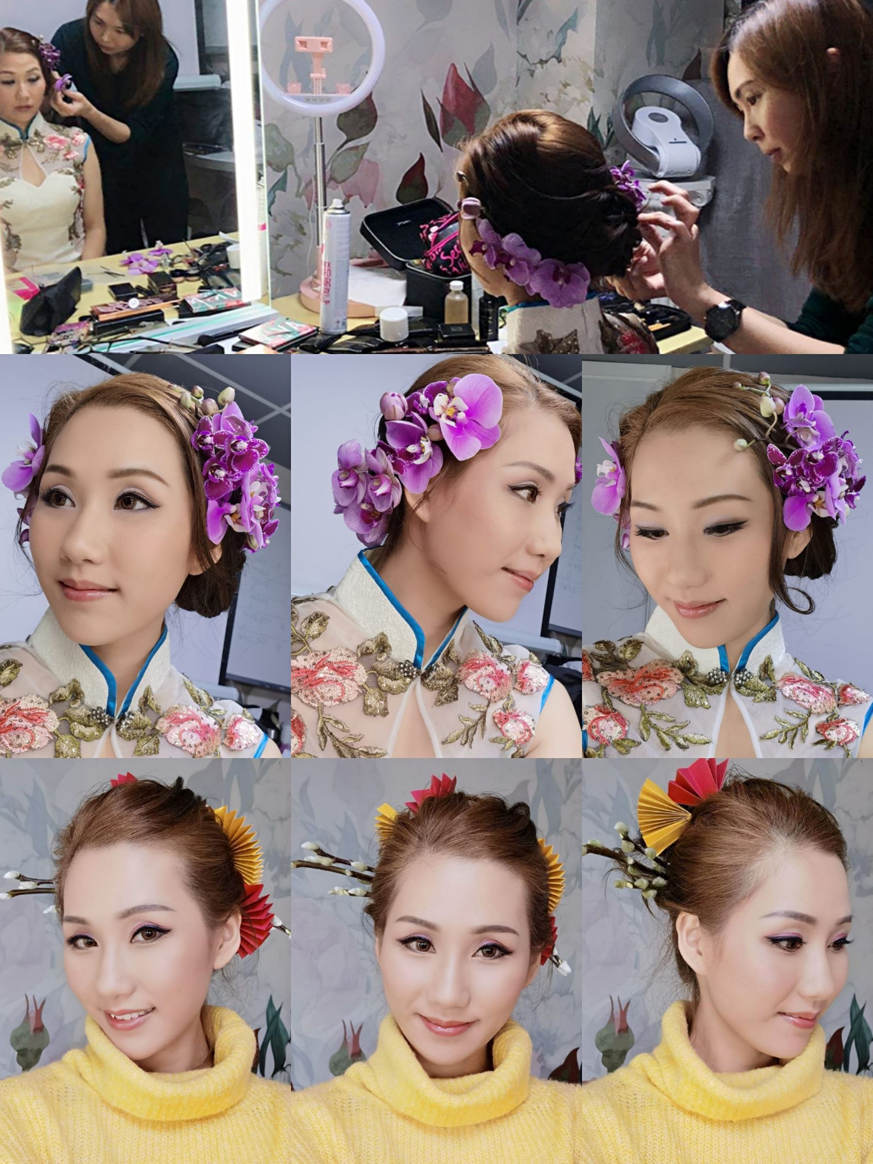 A woman with purple flowers in her hair is getting her makeup done