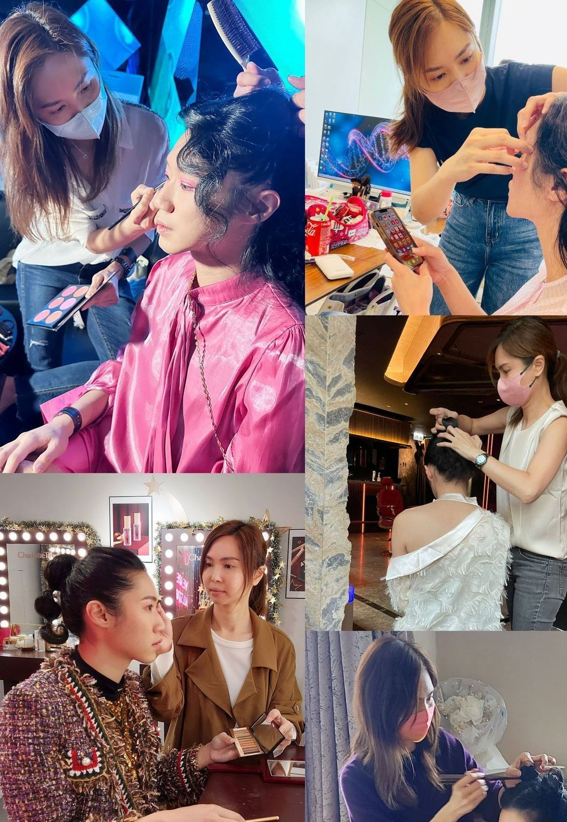 A collage of photos of a woman getting her makeup done by a makeup artist.