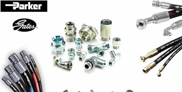 Conectores hidráulicos y racores para mangueras industriales Parker y Gates sobre fondo blanco.