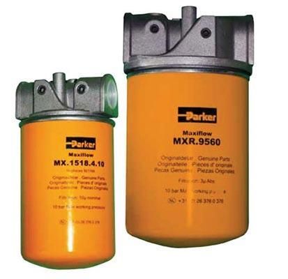 Dos filtros Parker de color naranja con tapa gris, mostrados uno al lado del otro.