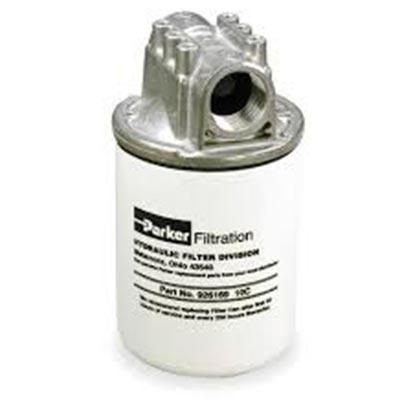 Filtro de aceite Parker Filtration blanco con tapa metálica plateada y puerto de conexión.